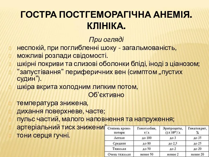 ГОСТРА ПОСТГЕМОРАГІЧНА АНЕМІЯ. КЛІНІКА. При огляді неспокій, при поглибленні шоку