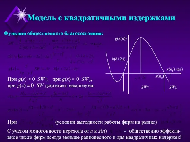 Функция общественного благосостояния: При g(x) > 0 SW↑, при g(x)