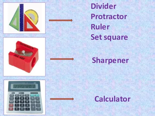 Calculator Sharpener Divider Protractor Ruler Set square