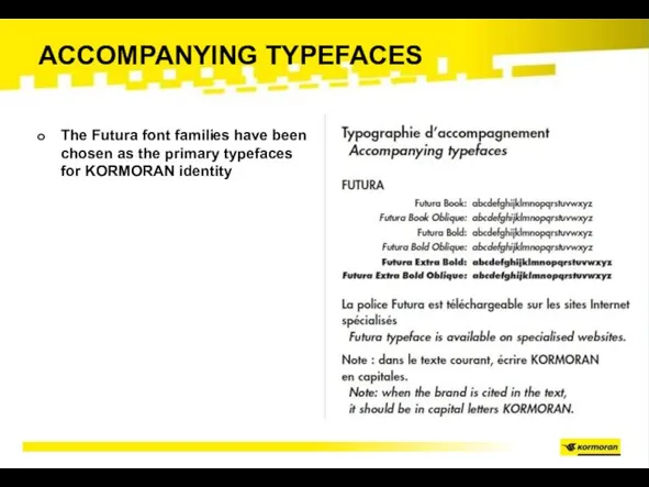 ACCOMPANYING TYPEFACES The Futura font families have been chosen as the primary typefaces for KORMORAN identity