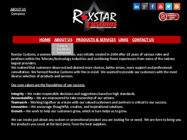 ABOUT US Company Roxstar Customs, a women owned business, was