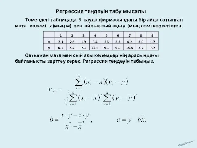 Регрессия теңдеуін табу мысалы Төмендегі таблицада 9 сауда фирмасындағы бір