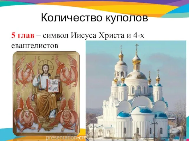 Количество куполов 5 глав – символ Иисуса Христа и 4-х евангелистов