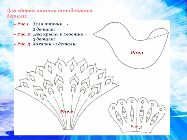 Рис.1 Тело птички - 2 детали; Рис. 2 Два крыла и хвостик –