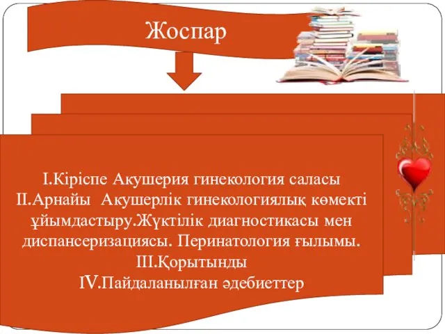 Жоспар І.Кіріспе Акушерия гинекология саласы ІІ.Арнайы Акушерлік гинекологиялық көмекті ұйымдастыру.Жүктілік