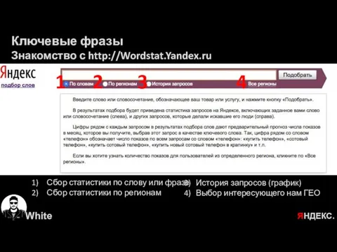 Ключевые фразы Знакомство с http://Wordstat.Yandex.ru Сбор статистики по слову или