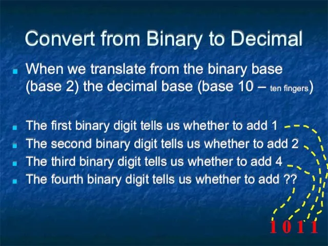 Convert from Binary to Decimal When we translate from the
