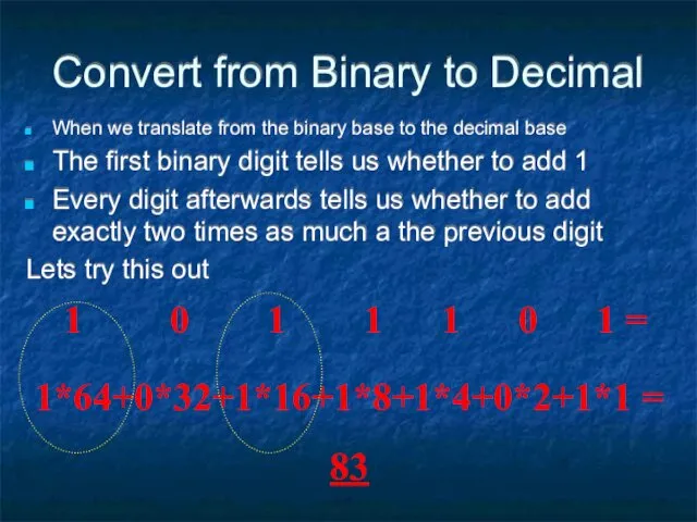 Convert from Binary to Decimal When we translate from the