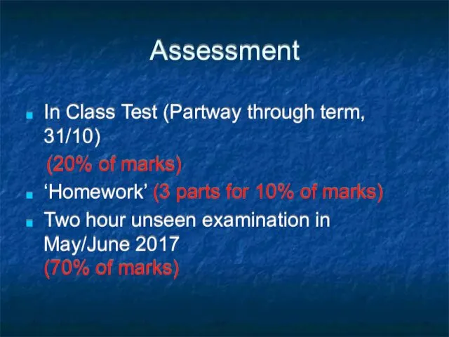 Assessment In Class Test (Partway through term, 31/10) (20% of
