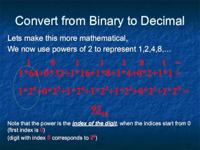 Convert from Binary to Decimal Lets make this more mathematical,