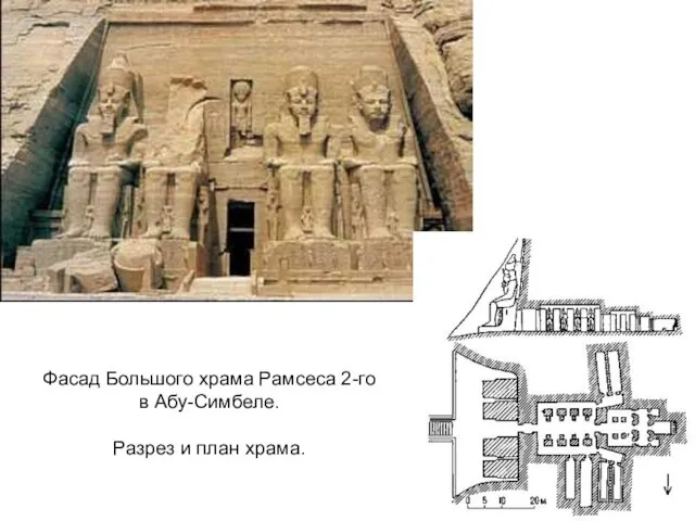 Фасад Большого храма Рамсеса 2-го в Абу-Симбеле. Разрез и план храма.