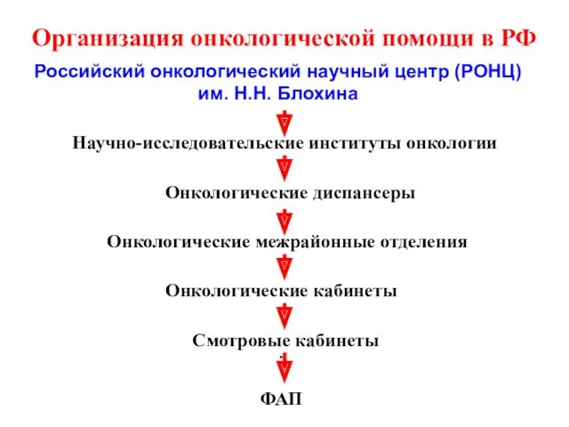 Организация онкологической помощи в РФ Научно-исследовательские институты онкологии Онкологические диспансеры Онкологические межрайонные отделения