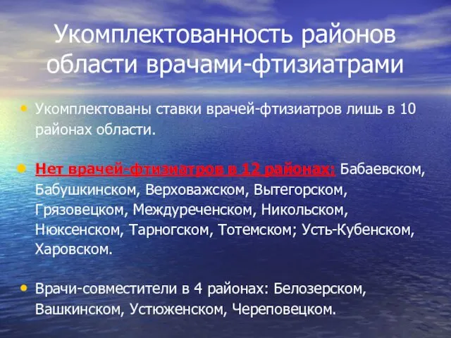 Укомплектованность районов области врачами-фтизиатрами Укомплектованы ставки врачей-фтизиатров лишь в 10