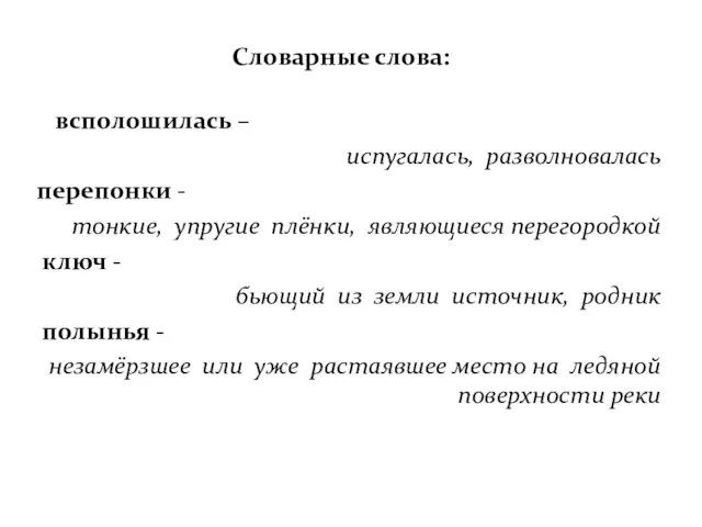 Словарные слова: всполошилась – испугалась, разволновалась перепонки - тонкие, упругие