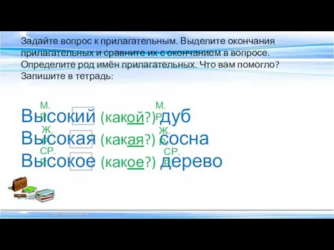 Задайте вопрос к прилагательным. Выделите окончания прилагательных и сравните их