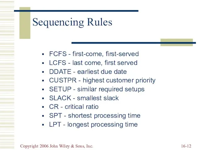 Copyright 2006 John Wiley & Sons, Inc. 16- Sequencing Rules