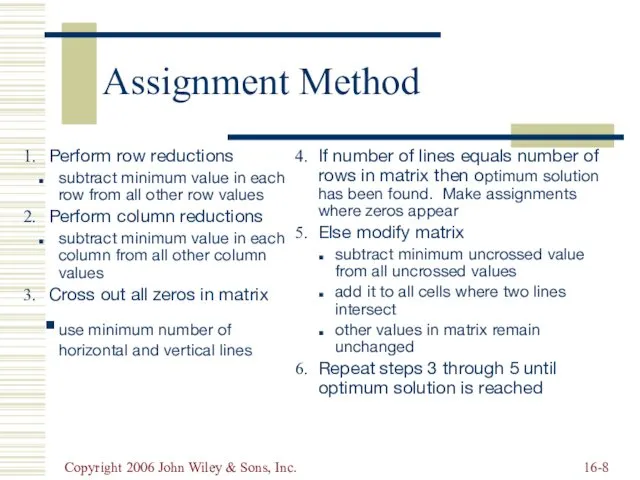 Copyright 2006 John Wiley & Sons, Inc. 16- Assignment Method