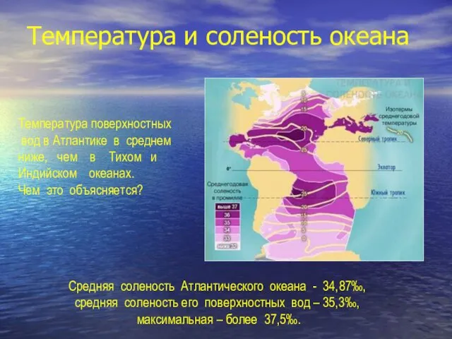 Температура и соленость океана Средняя соленость Атлантического океана - 34,87‰,