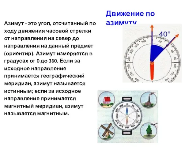 Движение по азимуту Азимут - это угол, отсчитанный по ходу