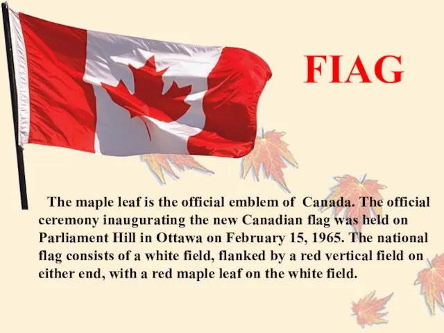 FIAG The maple leaf is the official emblem of Canada. The official ceremony