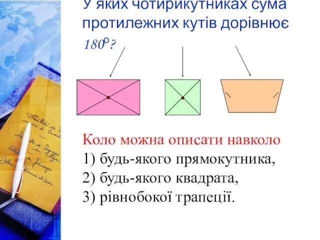 У яких чотирикутниках сума протилежних кутів дорівнює 180о? Коло можна