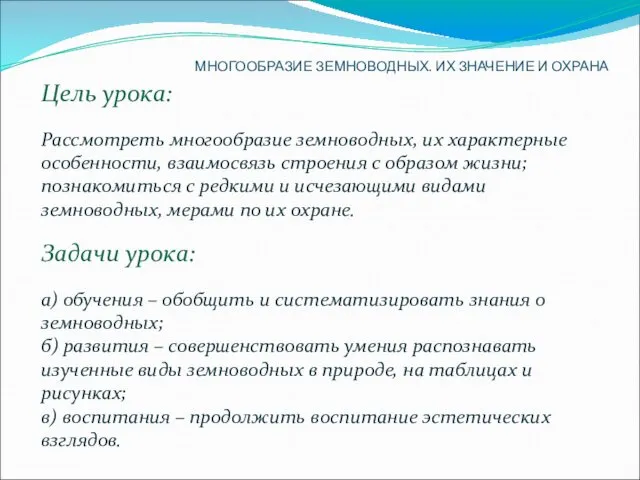 Цель урока: Рассмотреть многообразие земноводных, их характерные особенности, взаимосвязь строения