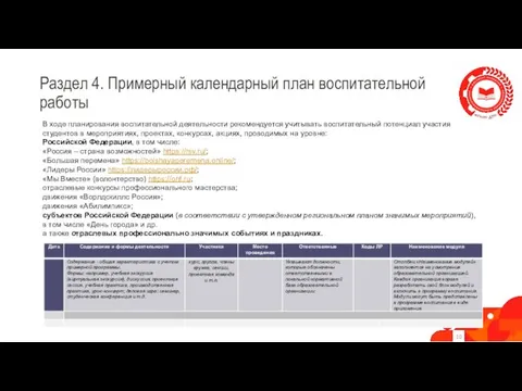 Раздел 4. Примерный календарный план воспитательной работы В ходе планирования