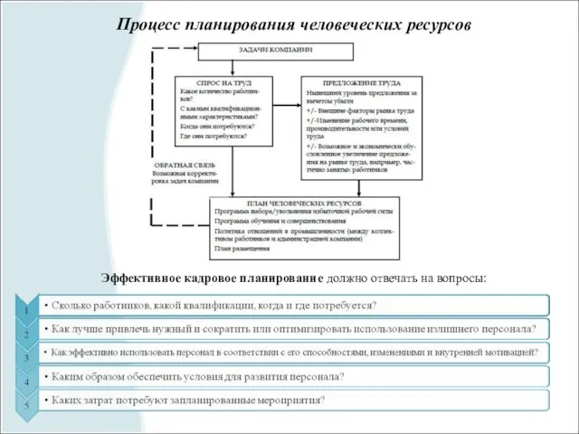 Процесс планирования человеческих ресурсов Эффективное кадровое планирование должно отвечать на вопросы: