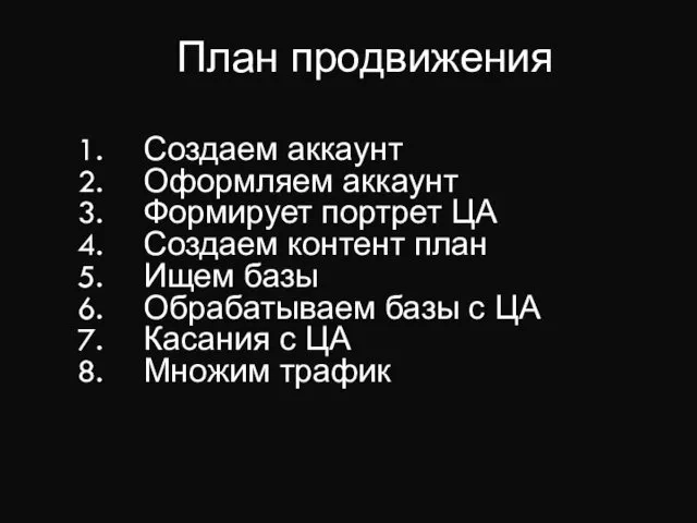 План продвижения Создаем аккаунт Оформляем аккаунт Формирует портрет ЦА Создаем