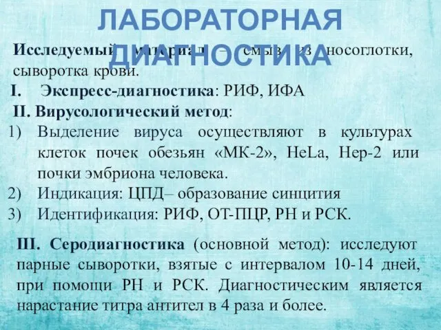 Исследуемый материал – смыв из носоглотки, сыворотка крови. Экспресс-диагностика: РИФ,