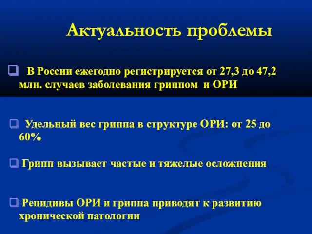 Актуальность проблемы В России ежегодно регистрируется от 27,3 до 47,2