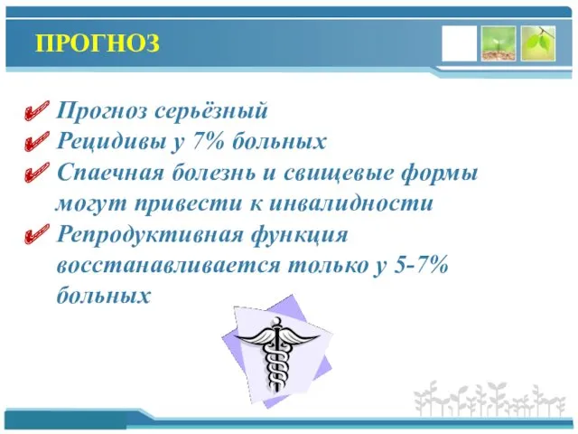 ПРОГНОЗ Прогноз серьёзный Рецидивы у 7% больных Спаечная болезнь и