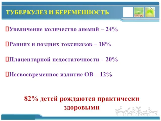 ТУБЕРКУЛЕЗ И БЕРЕМЕННОСТЬ Увеличение количество анемий – 24% Ранних и