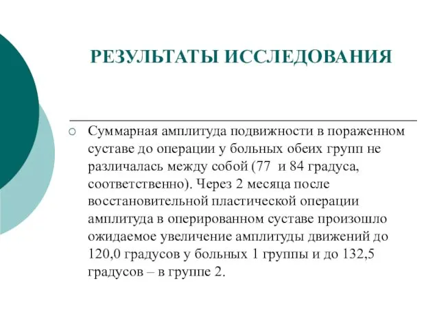 РЕЗУЛЬТАТЫ ИССЛЕДОВАНИЯ Суммарная амплитуда подвижности в пораженном суставе до операции