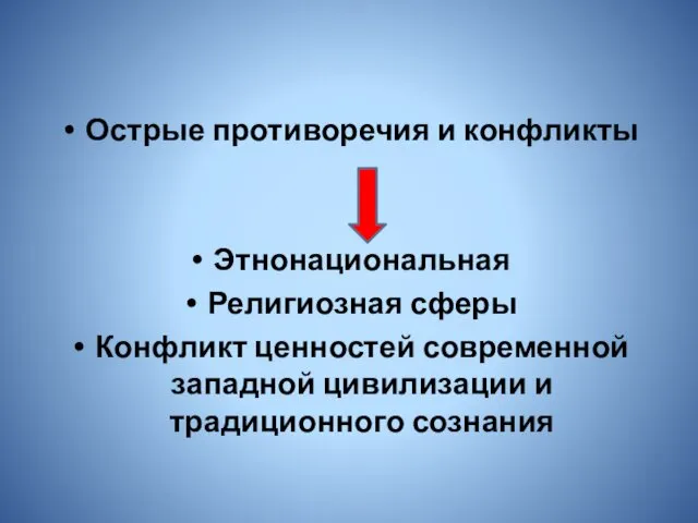 Острые противоречия и конфликты Этнонациональная Религиозная сферы Конфликт ценностей современной западной цивилизации и традиционного сознания