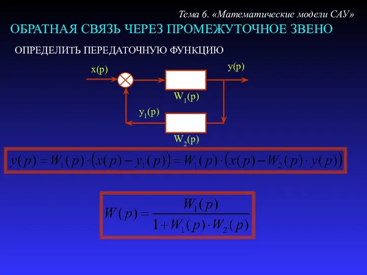 ОБРАТНАЯ СВЯЗЬ ЧЕРЕЗ ПРОМЕЖУТОЧНОЕ ЗВЕНО Тема 6. «Математические модели САУ» ОПРЕДЕЛИТЬ ПЕРЕДАТОЧНУЮ ФУНКЦИЮ