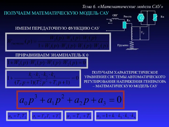 ПОЛУЧАЕМ МАТЕМАТИЧЕСКУЮ МОДЕЛЬ САУ Тема 6. «Математические модели САУ» ИМЕЕМ