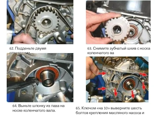 62. Подденьте двумя отвертками 63. Снимите зубчатый шкив с носка