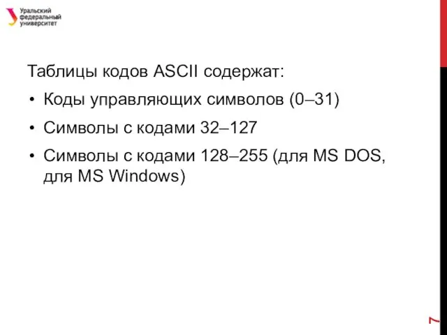 Таблицы кодов ASCII содержат: Коды управляющих символов (0–31) Символы с