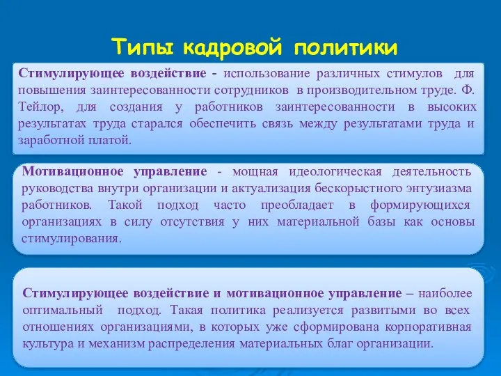 Типы кадровой политики Стимулирующее воздействие - использование различных стимулов для