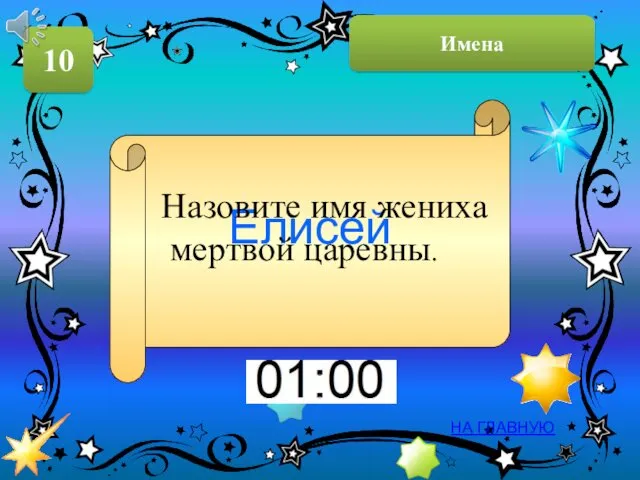 Имена 10 НА ГЛАВНУЮ Елисей Назовите имя жениха мертвой царевны.