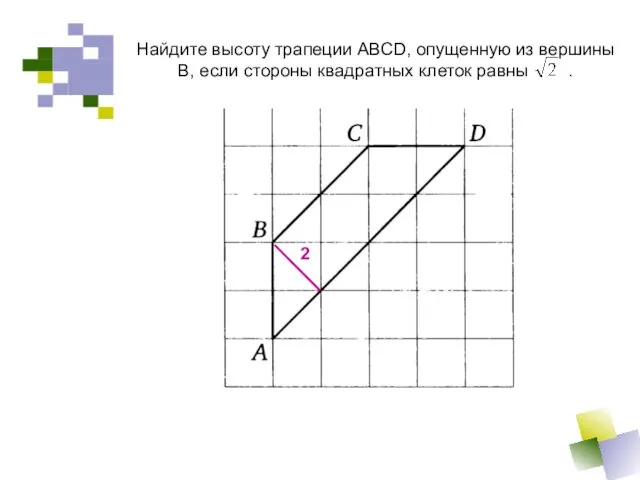Найдите высоту трапеции ABCD, опущенную из вершины В, если стороны квадратных клеток равны . 2