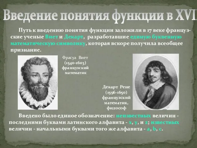 Фрасуа Виет (1540-1603) французский математик Декарт Рене (1596-1650) французский математик,