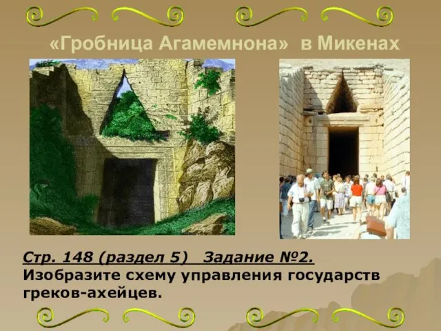 «Гробница Агамемнона» в Микенах Стр. 148 (раздел 5) Задание №2. Изобразите схему управления государств греков-ахейцев.