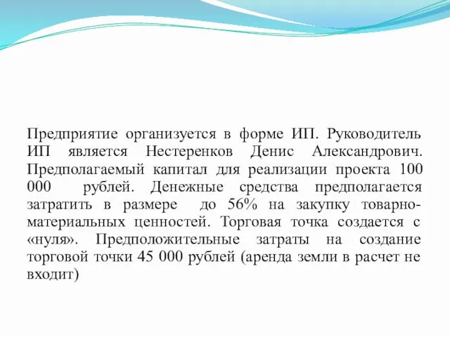 Предприятие организуется в форме ИП. Руководитель ИП является Нестеренков Денис