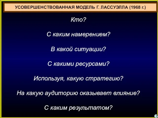 УСОВЕРШЕНСТВОВАННАЯ МОДЕЛЬ Г. ЛАССУЭЛЛА (1968 г.) Кто? С каким намерением?