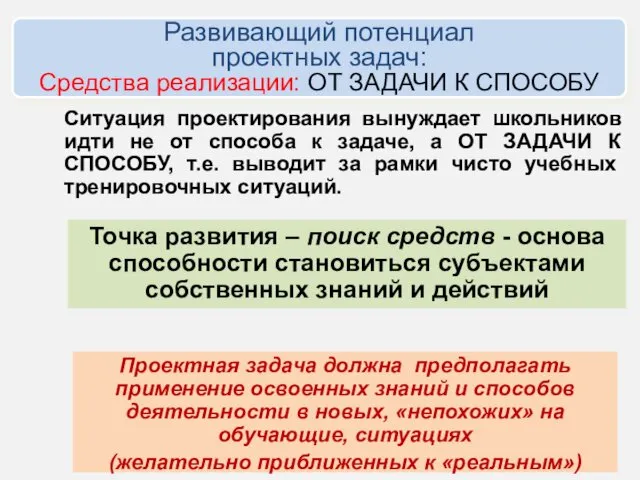 Ситуация проектирования вынуждает школьников идти не от способа к задаче,