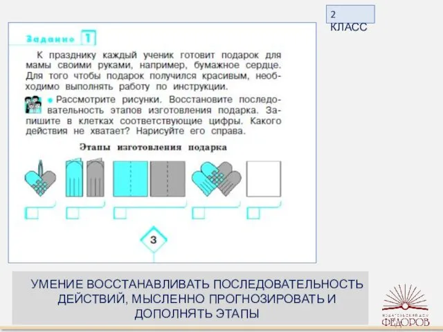 2 КЛАСС УМЕНИЕ ВОССТАНАВЛИВАТЬ ПОСЛЕДОВАТЕЛЬНОСТЬ ДЕЙСТВИЙ, МЫСЛЕННО ПРОГНОЗИРОВАТЬ И ДОПОЛНЯТЬ ЭТАПЫ