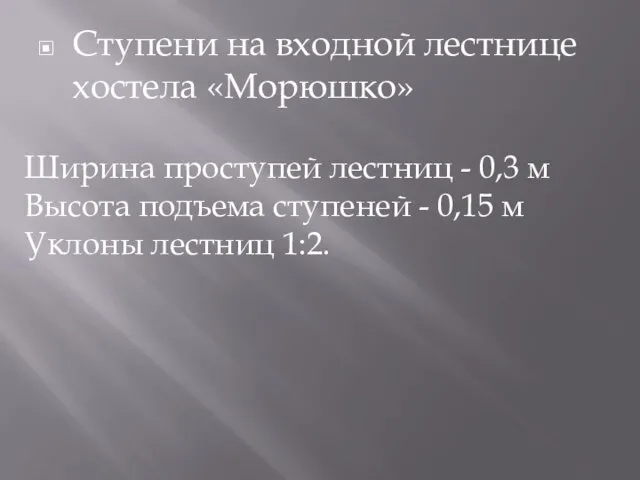 Ступени на входной лестнице хостела «Морюшко» Ширина проступей лестниц -