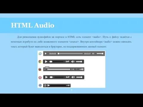 HTML Audio Для размещения аудиофайла на портале в HTML есть элемент . Путь